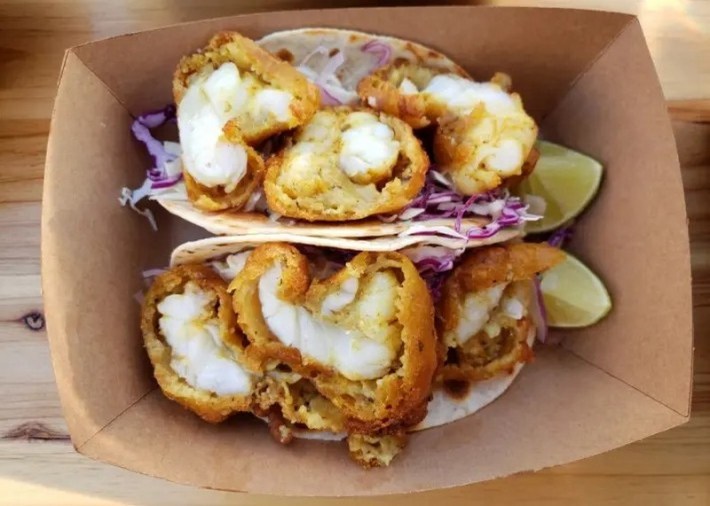 2 battered lobster tacos at Razo's Tacos in North Hollywood