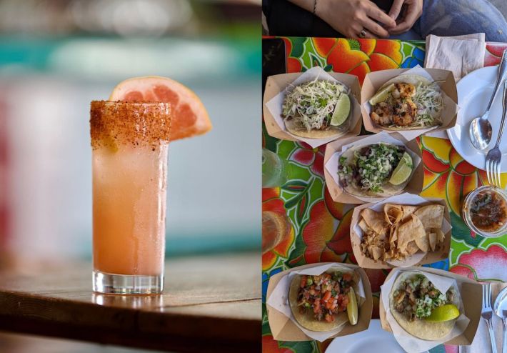 An orange cocktail with a citrus slice garnish, next to a photo of a table loaded with dishes.